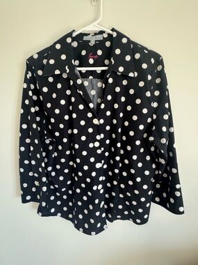 Foxcroft Black Blouse with White Polka Dots. Wrinkle free blouse.